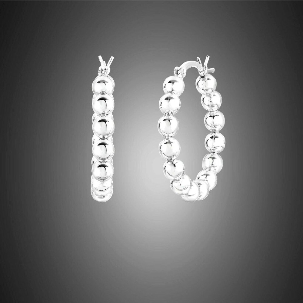 Womens 925 Sterling Silver Bead Ball Hoop Earrings